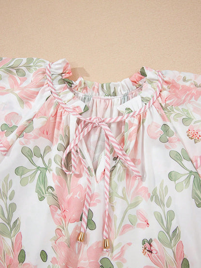 Acelitt Summer Pink Printed Striped Contrast Color Layered Ruffle Sleeve V-Neck Blouse Vacation
