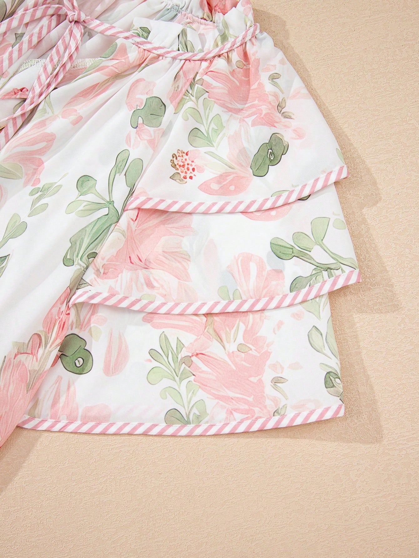 Acelitt Summer Pink Printed Striped Contrast Color Layered Ruffle Sleeve V-Neck Blouse Vacation