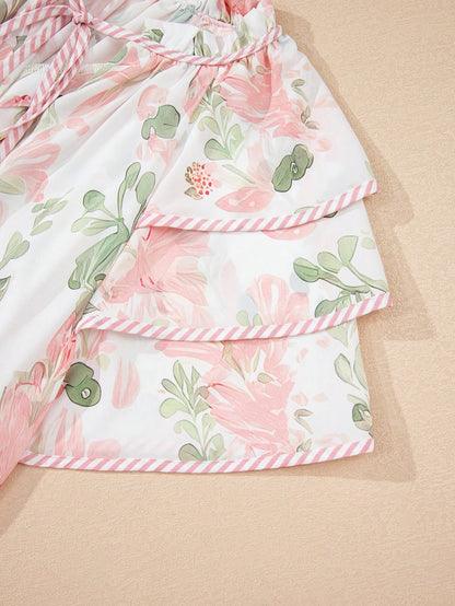 Acelitt Summer Pink Printed Striped Contrast Color Layered Ruffle Sleeve V-Neck Blouse Vacation