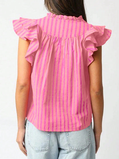 Acelitt Women's Pink Striped Pleated Sleeveless Loose V-Neck Top, Lightweight And Slightly Sheer, Suitable For Summer Wear