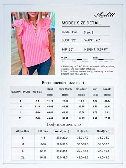 Acelitt Women's Pink Striped Pleated Sleeveless Loose V-Neck Top, Lightweight And Slightly Sheer, Suitable For Summer Wear