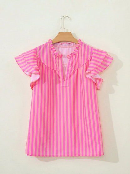 Acelitt Women's Pink Striped Pleated Sleeveless Loose V-Neck Top, Lightweight And Slightly Sheer, Suitable For Summer Wear