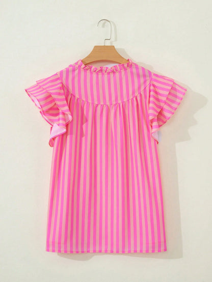 Acelitt Women's Pink Striped Pleated Sleeveless Loose V-Neck Top, Lightweight And Slightly Sheer, Suitable For Summer Wear