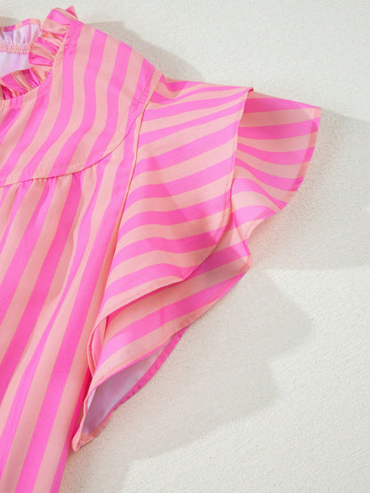 Acelitt Women's Pink Striped Pleated Sleeveless Loose V-Neck Top, Lightweight And Slightly Sheer, Suitable For Summer Wear