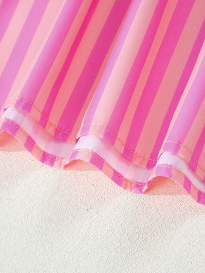 Acelitt Women's Pink Striped Pleated Sleeveless Loose V-Neck Top, Lightweight And Slightly Sheer, Suitable For Summer Wear