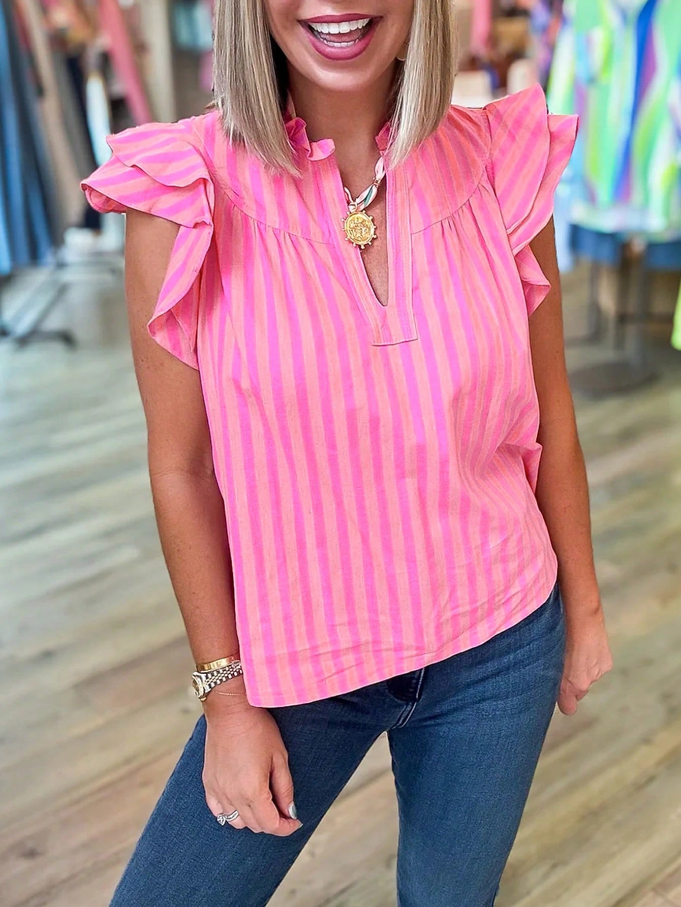 Acelitt Women's Pink Striped Pleated Sleeveless Loose V-Neck Top, Lightweight And Slightly Sheer, Suitable For Summer Wear