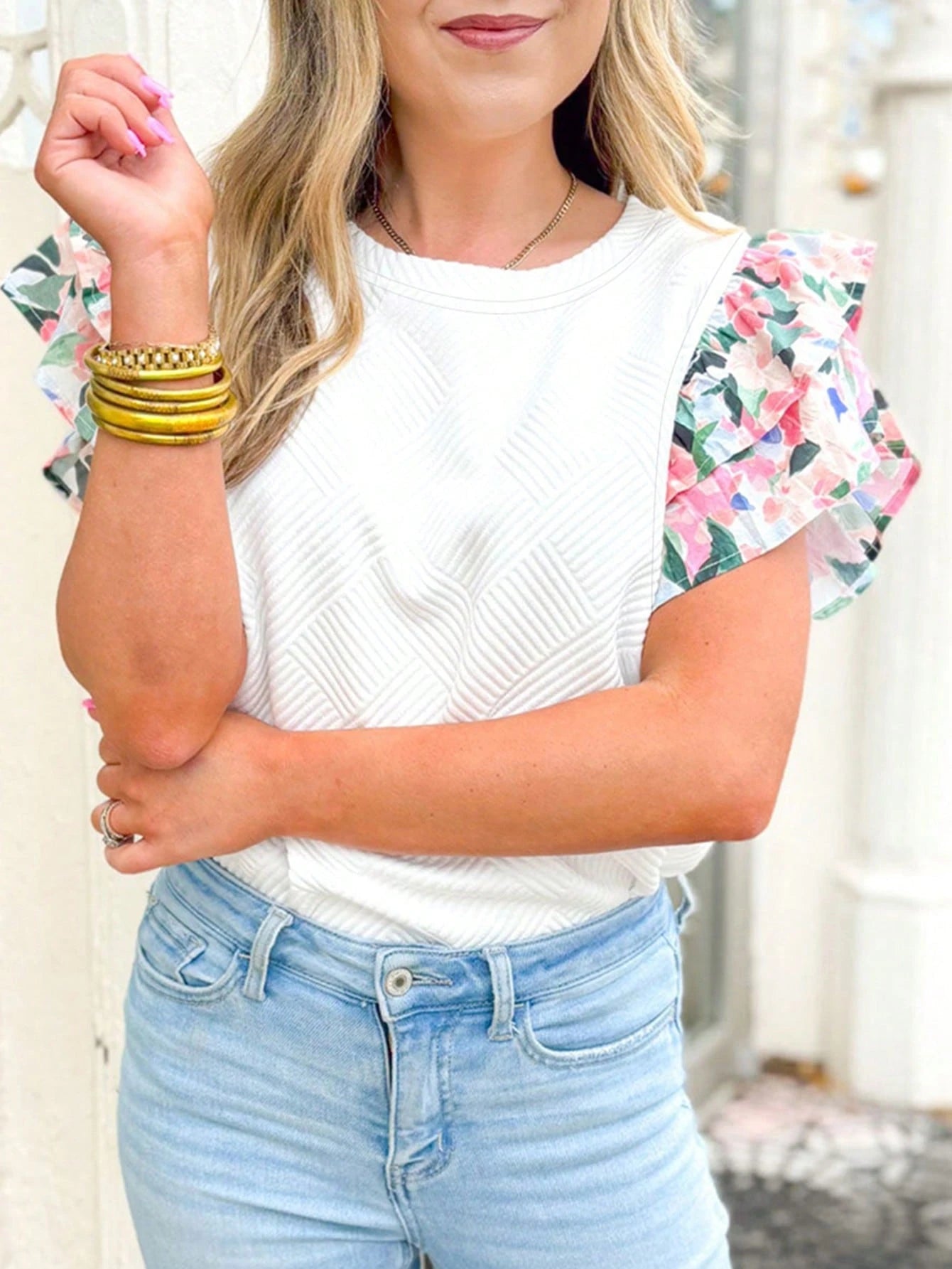 Acelitt Women's White Round Neck Fitted Ruffle Colorful Floral Cuff Short Sleeve T-Shirt, Elegant And Stylish For Summer Casual