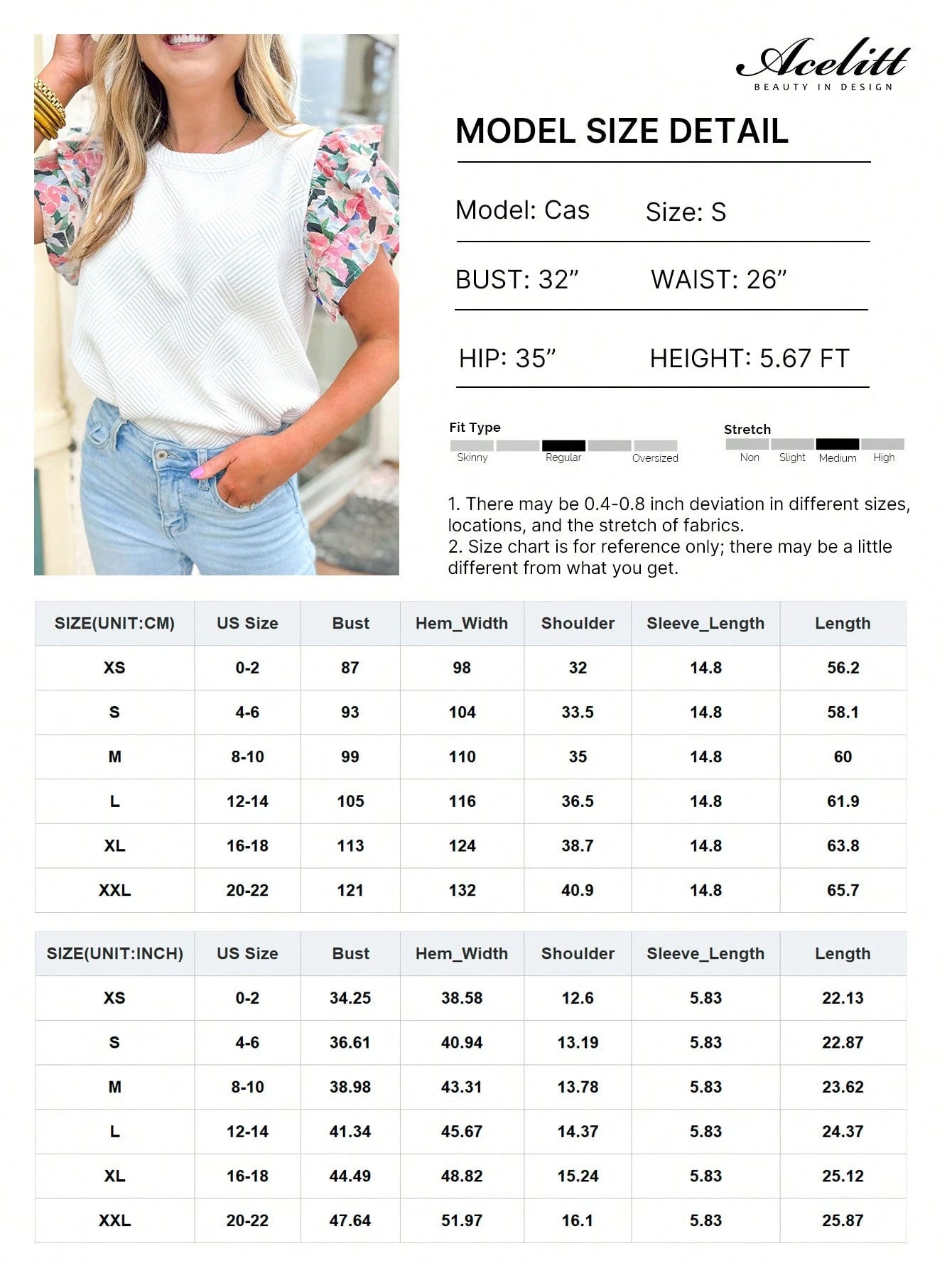 Acelitt Women's White Round Neck Fitted Ruffle Colorful Floral Cuff Short Sleeve T-Shirt, Elegant And Stylish For Summer Casual