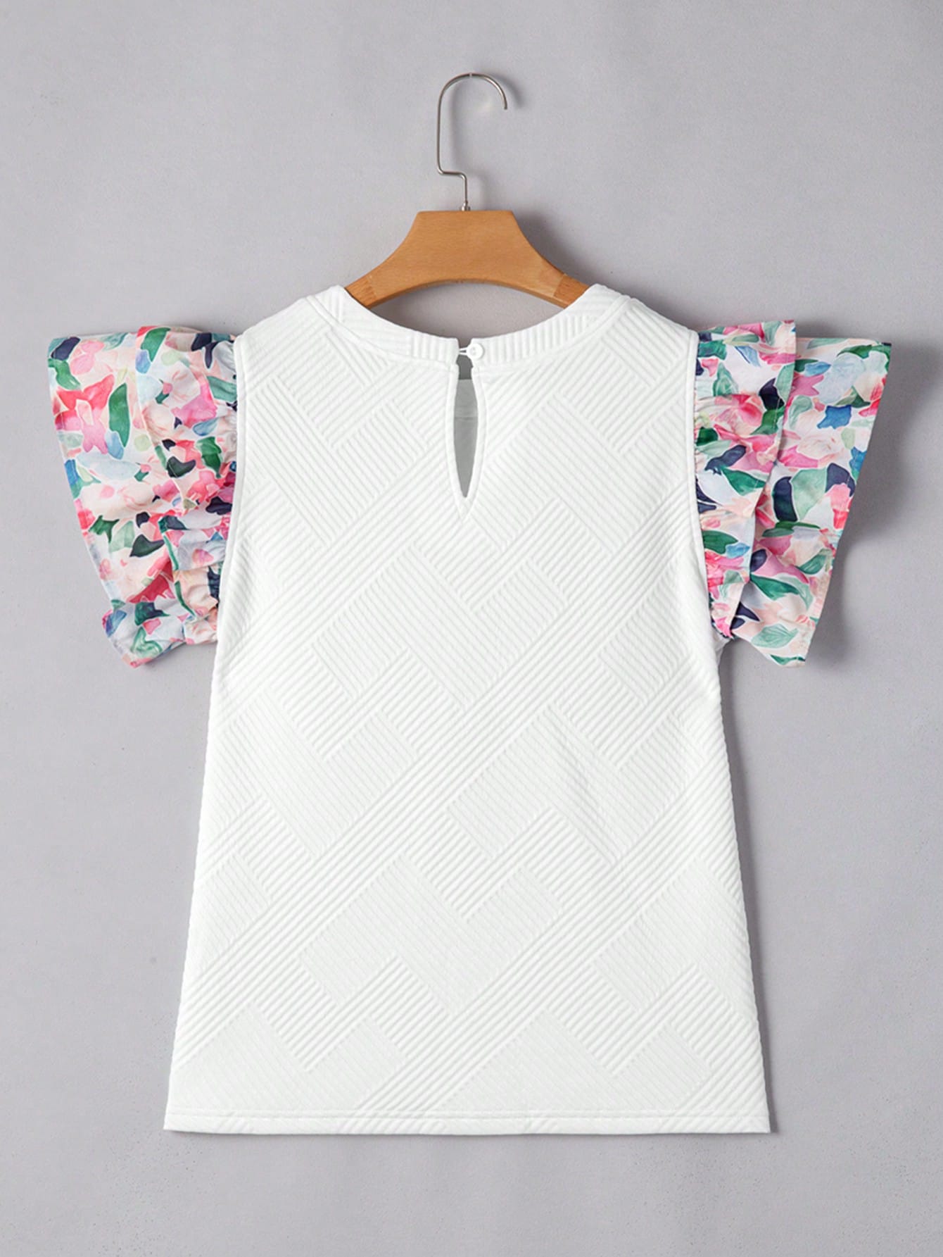 Acelitt Women's White Round Neck Fitted Ruffle Colorful Floral Cuff Short Sleeve T-Shirt, Elegant And Stylish For Summer Casual