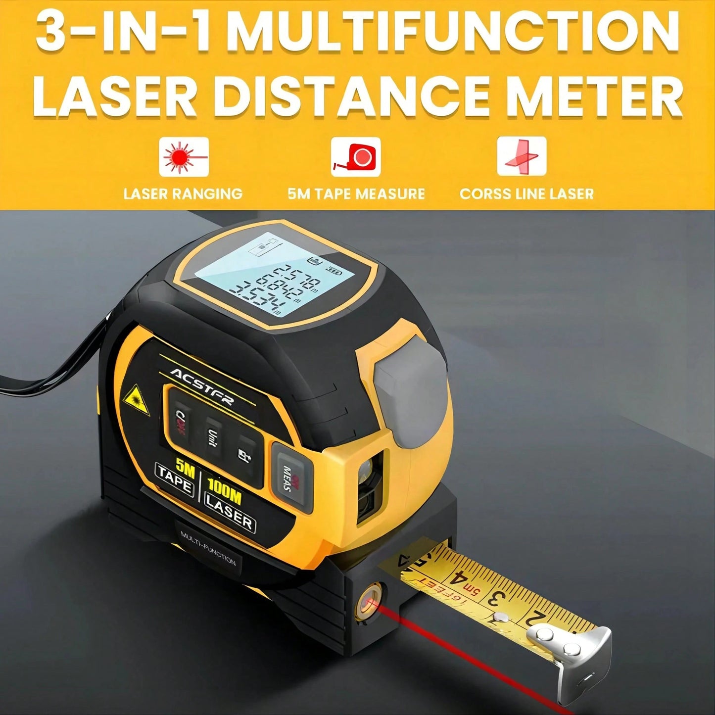 ACSTFR Laser Tape Measure- 3in1 Digital High Precision Laser Rangefinder, Steel Tape, 1pc, Equipped With 2AAA Batteries