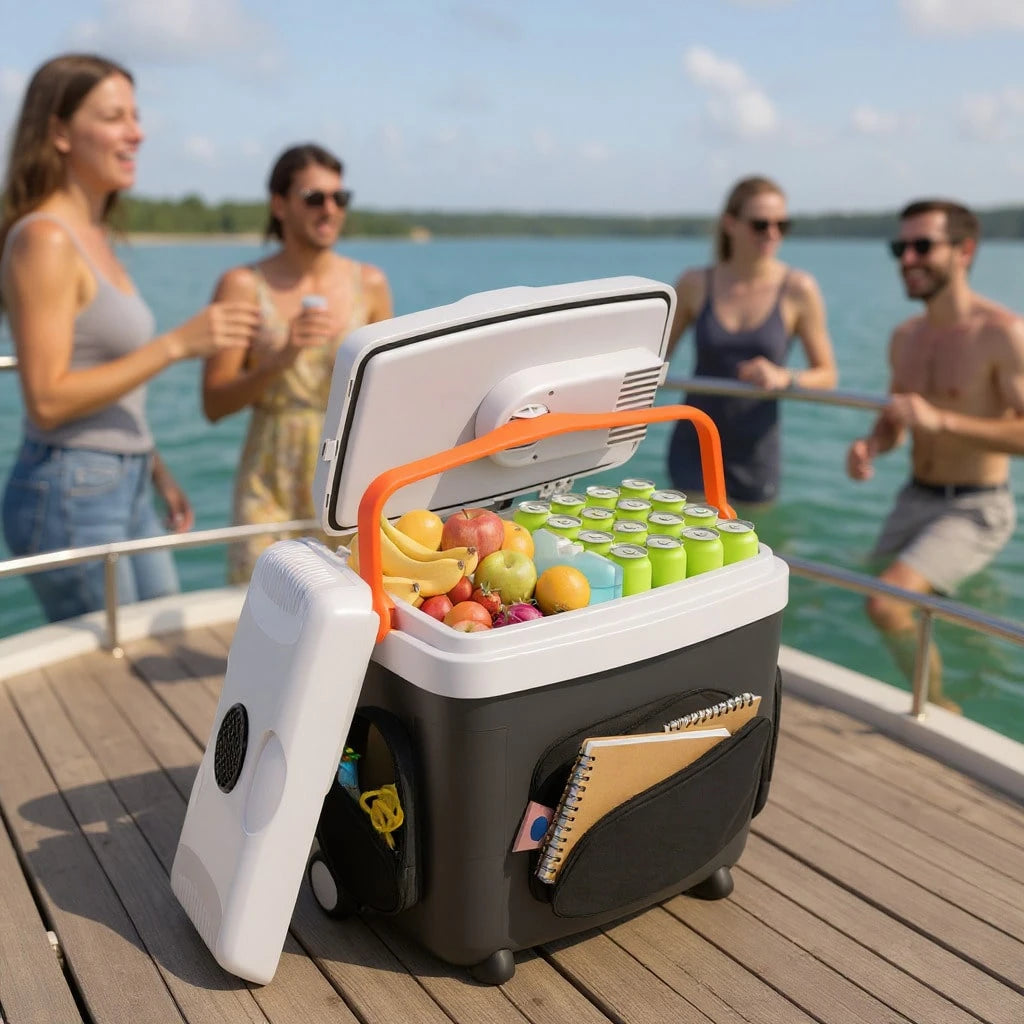 ADVWIN 32 Qt (30L) Electric Car Cooler & Warmer With Pockets, Ice Pack Divider, Removable Lid, Locking Handle, Wheels, Thermoelectric Fridge For Travel Camping Vehicles Truck Home, 12V DC & 120V AC