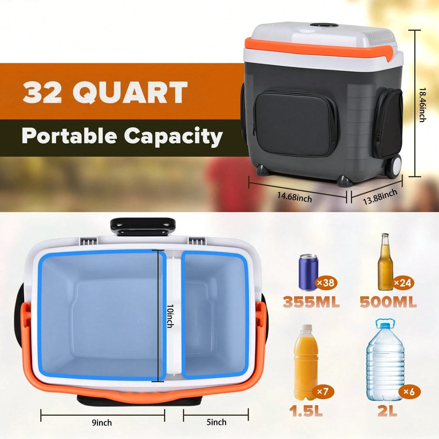 ADVWIN 32 Qt (30L) Electric Car Cooler & Warmer With Pockets, Ice Pack Divider, Removable Lid, Locking Handle, Wheels, Thermoelectric Fridge For Travel Camping Vehicles Truck Home, 12V DC & 120V AC