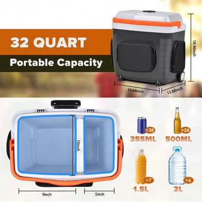 ADVWIN 32 Qt (30L) Electric Car Cooler & Warmer With Pockets, Ice Pack Divider, Removable Lid, Locking Handle, Wheels, Thermoelectric Fridge For Travel Camping Vehicles Truck Home, 12V DC & 120V AC
