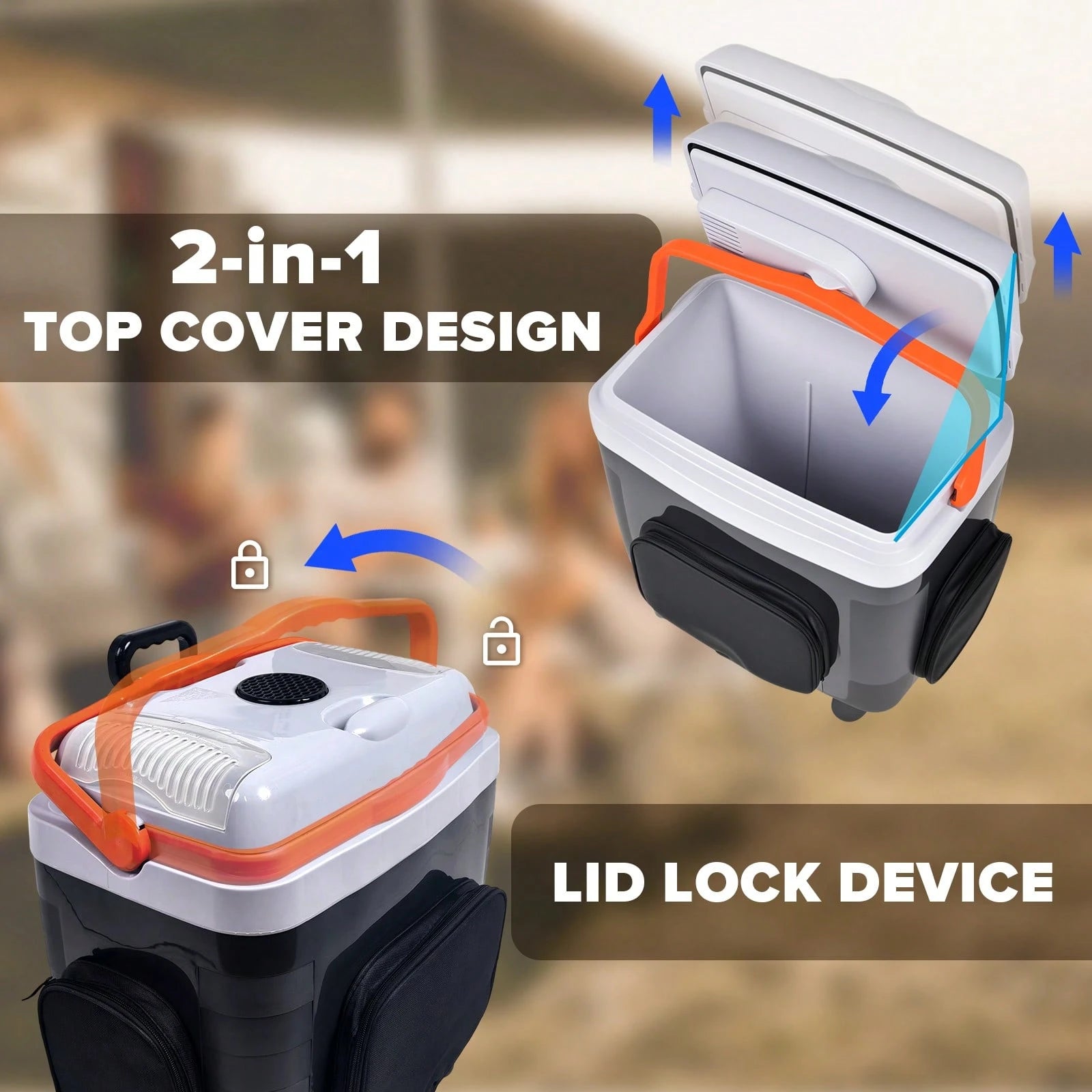 ADVWIN 32 Qt (30L) Electric Car Cooler & Warmer With Pockets, Ice Pack Divider, Removable Lid, Locking Handle, Wheels, Thermoelectric Fridge For Travel Camping Vehicles Truck Home, 12V DC & 120V AC