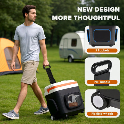 ADVWIN 32 Qt (30L) Electric Car Cooler & Warmer With Pockets, Ice Pack Divider, Removable Lid, Locking Handle, Wheels, Thermoelectric Fridge For Travel Camping Vehicles Truck Home, 12V DC & 120V AC