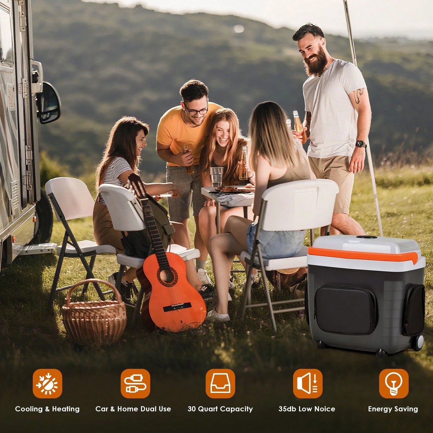 ADVWIN 32 Qt (30L) Electric Car Cooler & Warmer With Pockets, Ice Pack Divider, Removable Lid, Locking Handle, Wheels, Thermoelectric Fridge For Travel Camping Vehicles Truck Home, 12V DC & 120V AC