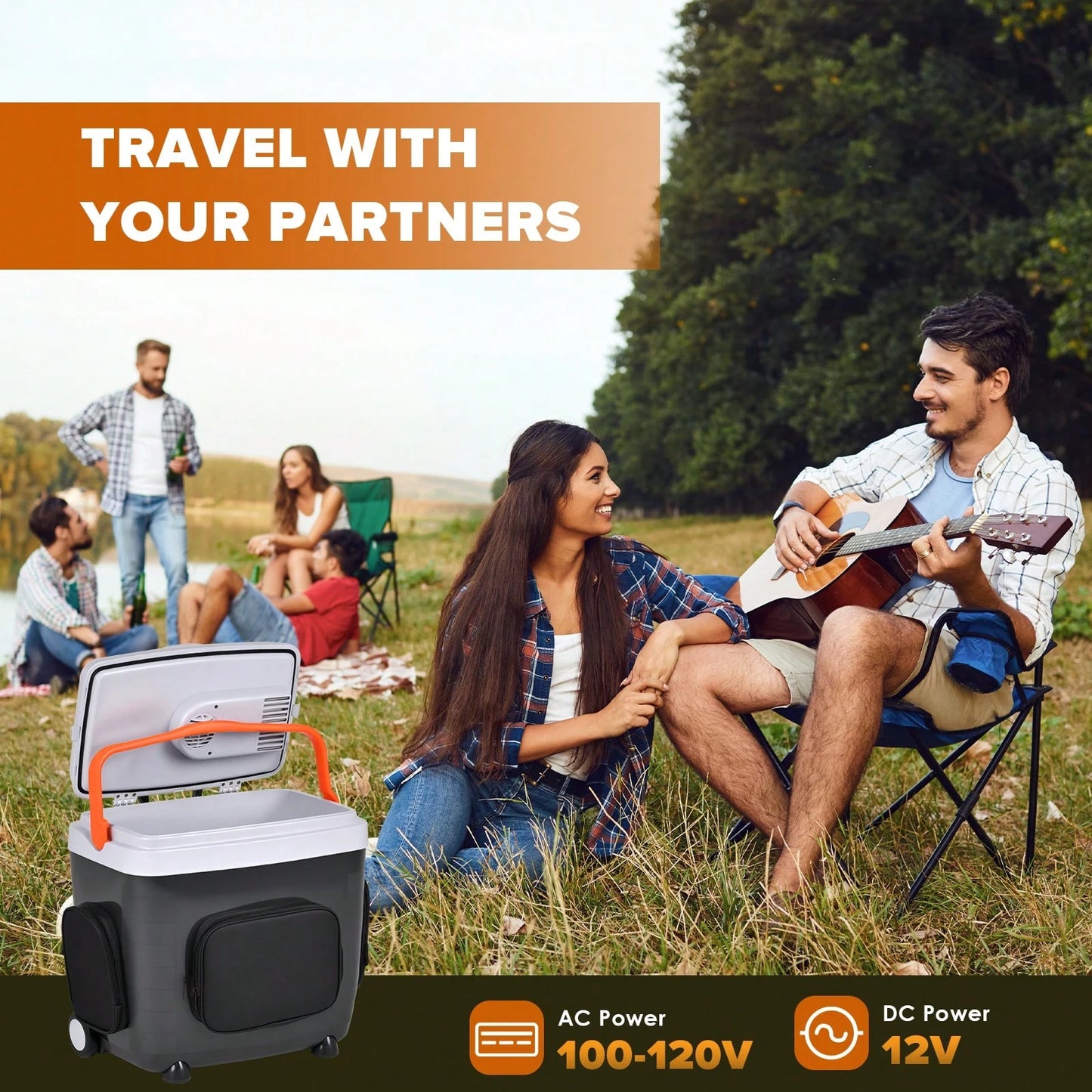 ADVWIN 32 Qt (30L) Electric Car Cooler & Warmer With Pockets, Ice Pack Divider, Removable Lid, Locking Handle, Wheels, Thermoelectric Fridge For Travel Camping Vehicles Truck Home, 12V DC & 120V AC