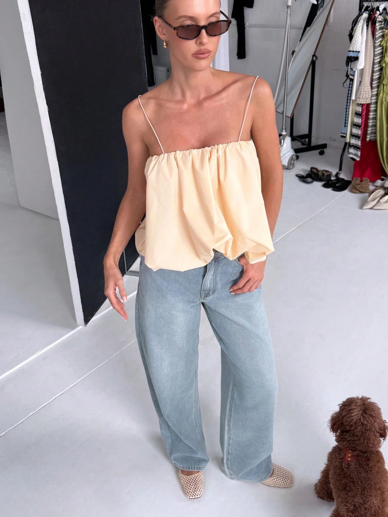 AiiRZ Elegant Ruched Cami Top Balloon Hem Design Spaghetti Strap Summer Sleeveless Blouse Casual Holiday Beach Festival Wear Loose Fit
