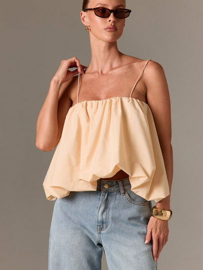 AiiRZ Elegant Ruched Cami Top Balloon Hem Design Spaghetti Strap Summer Sleeveless Blouse Casual Holiday Beach Festival Wear Loose Fit
