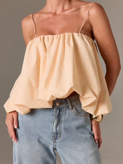 AiiRZ Elegant Ruched Cami Top Balloon Hem Design Spaghetti Strap Summer Sleeveless Blouse Casual Holiday Beach Festival Wear Loose Fit