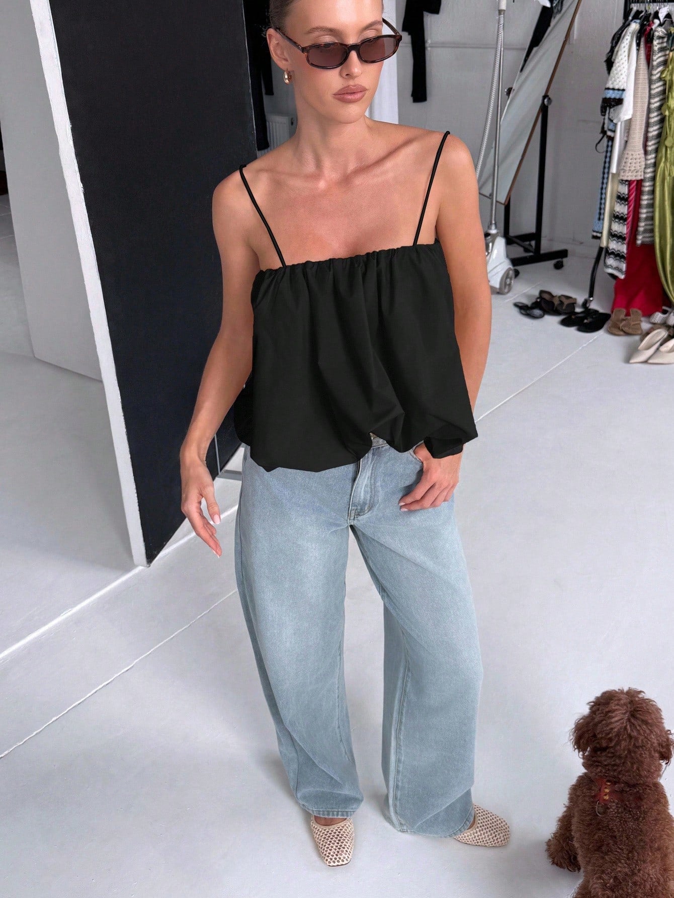 AiiRZ Elegant Ruched Cami Top Balloon Hem Design Spaghetti Strap Summer Sleeveless Blouse Casual Holiday Beach Festival Wear Loose Fit
