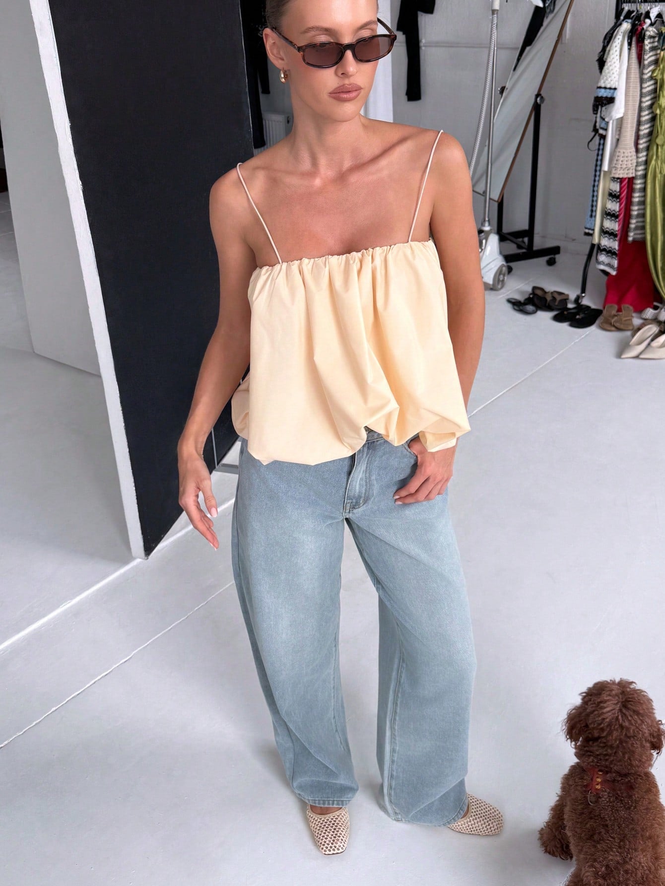AiiRZ Elegant Ruched Cami Top Balloon Hem Design Spaghetti Strap Summer Sleeveless Blouse Casual Holiday Beach Festival Wear Loose Fit
