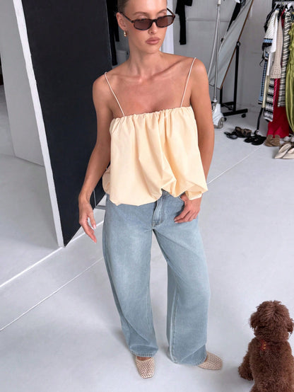AiiRZ Elegant Ruched Cami Top Balloon Hem Design Spaghetti Strap Summer Sleeveless Blouse Casual Holiday Beach Festival Wear Loose Fit