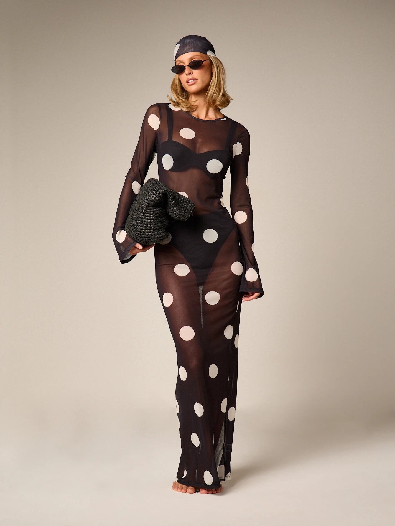 AiiRZ Sheer Polka Dot Mesh Maxi Dress Long Bell Sleeve Round Neck Floor Length Overlay Summer Beach Cover Up