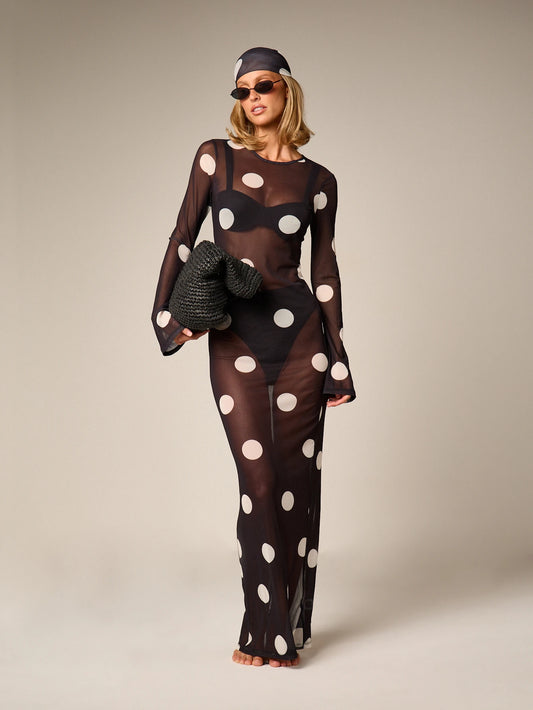 AiiRZ Sheer Polka Dot Mesh Maxi Dress Long Bell Sleeve Round Neck Floor Length Overlay Summer Beach Cover Up
