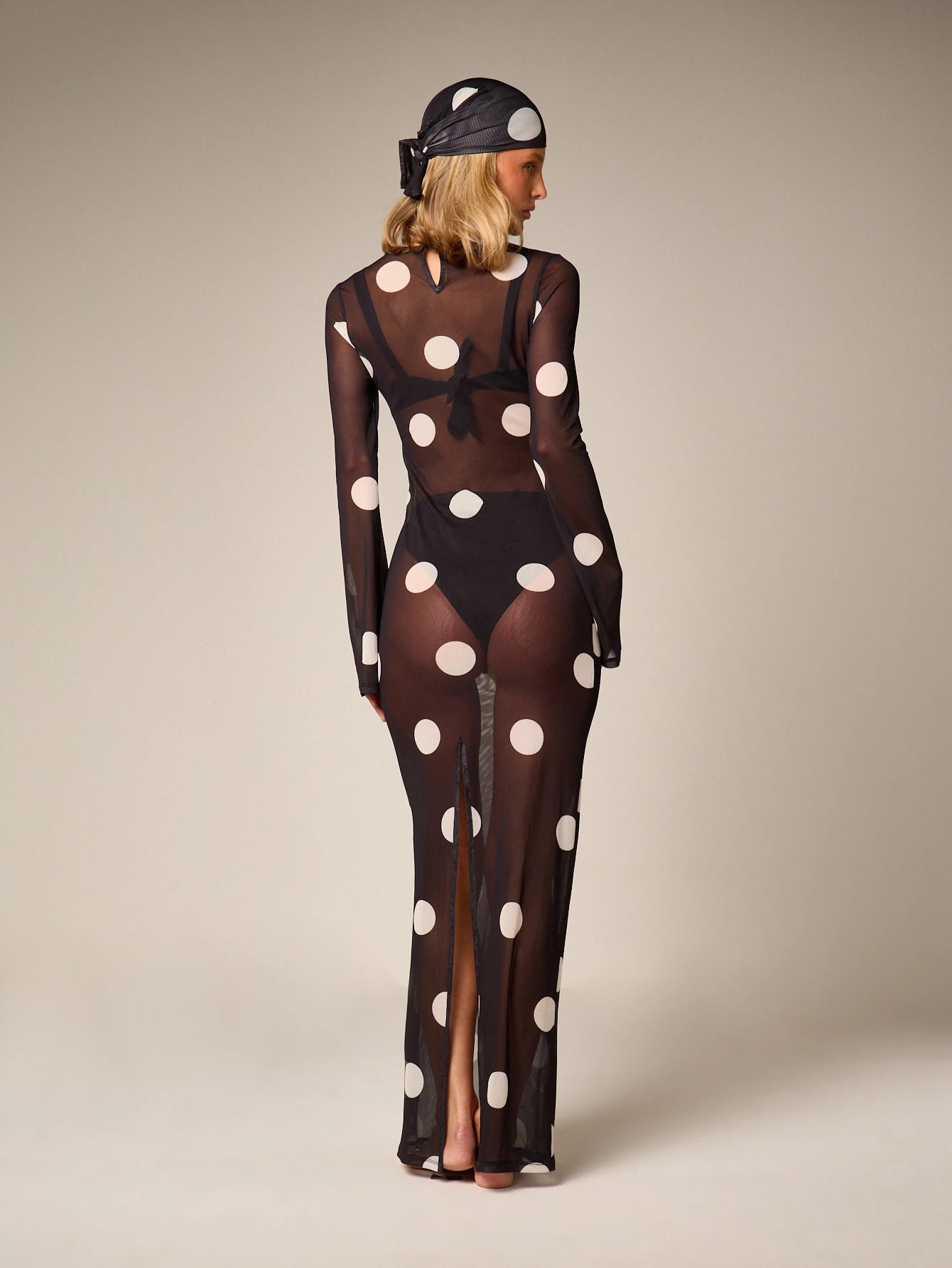 AiiRZ Sheer Polka Dot Mesh Maxi Dress Long Bell Sleeve Round Neck Floor Length Overlay Summer Beach Cover Up