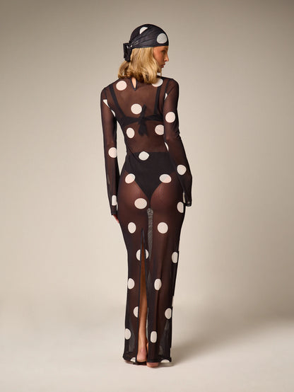 AiiRZ Sheer Polka Dot Mesh Maxi Dress Long Bell Sleeve Round Neck Floor Length Overlay Summer Beach Cover Up