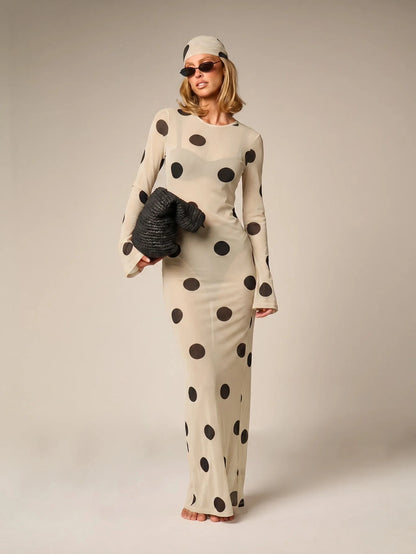 AiiRZ Sheer Polka Dot Mesh Maxi Dress Long Bell Sleeve Round Neck Floor Length Overlay Summer Beach Cover Up