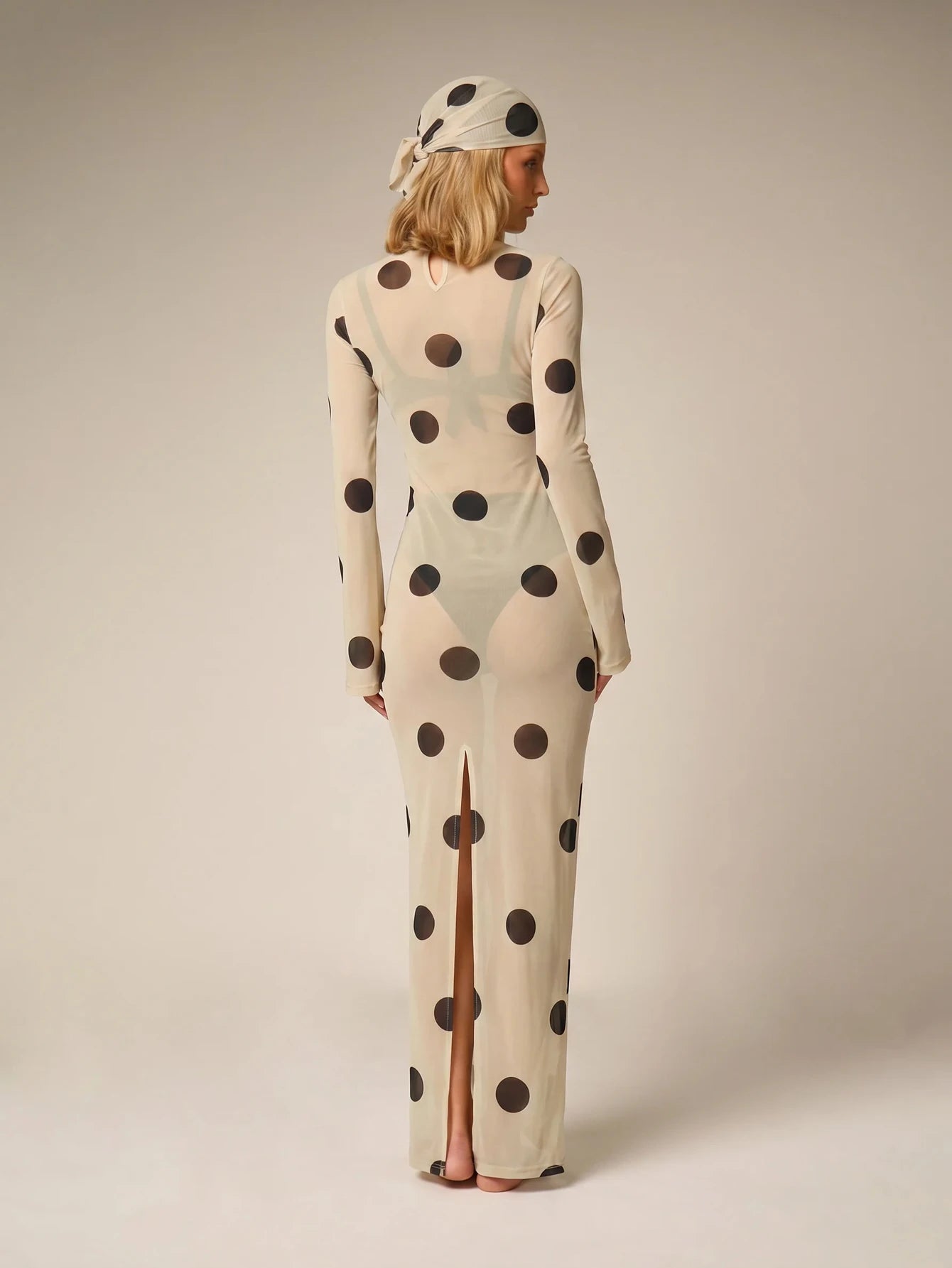 AiiRZ Sheer Polka Dot Mesh Maxi Dress Long Bell Sleeve Round Neck Floor Length Overlay Summer Beach Cover Up
