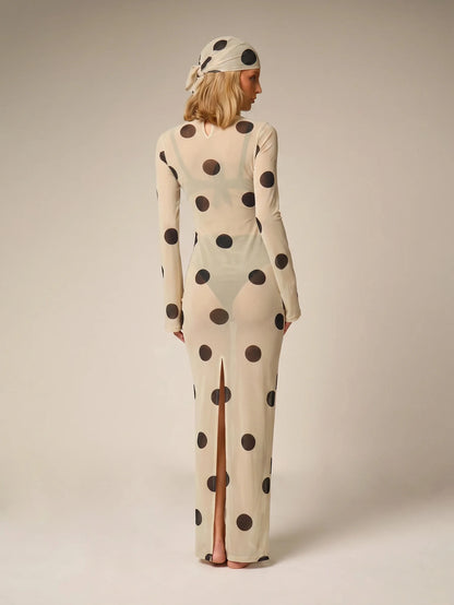 AiiRZ Sheer Polka Dot Mesh Maxi Dress Long Bell Sleeve Round Neck Floor Length Overlay Summer Beach Cover Up