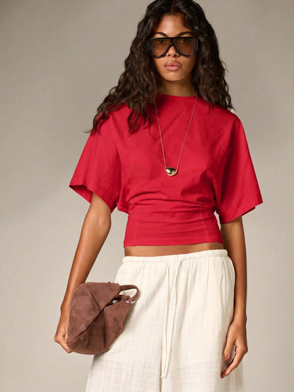 AiiRZ Women's Ruched Cinched Short Sleeve T-Shirt Casual Relaxed Fit Crew Neck Summer Spring Top With Gathered Waist Detail Comfortable