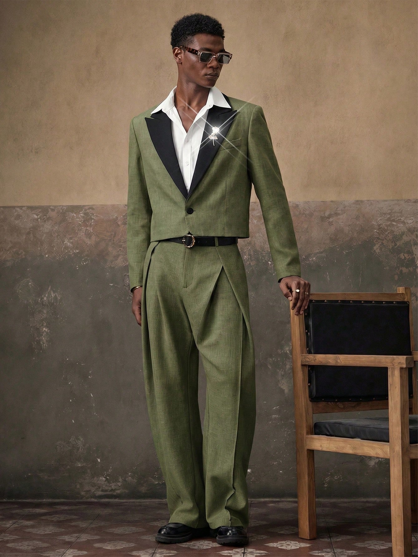 AKNOTIC Men's Woven Fashion Daily Youth Casual Loose Long Sleeve Blazer & Straight Leg Elastic Waist Pants 2 Pieces Set