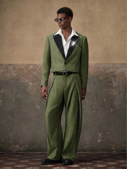 AKNOTIC Men's Woven Fashion Daily Youth Casual Loose Long Sleeve Blazer & Straight Leg Elastic Waist Pants 2 Pieces Set