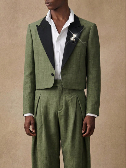 AKNOTIC Men's Woven Fashion Daily Youth Casual Loose Long Sleeve Blazer & Straight Leg Elastic Waist Pants 2 Pieces Set