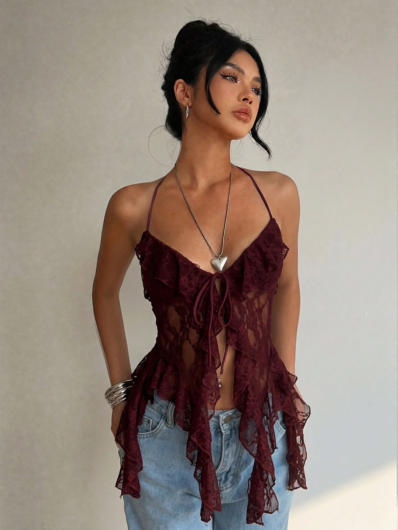 Aloruh Fitted Lace Sheer Long Ribbon Design Asymmetrical Hem Women Tank Top