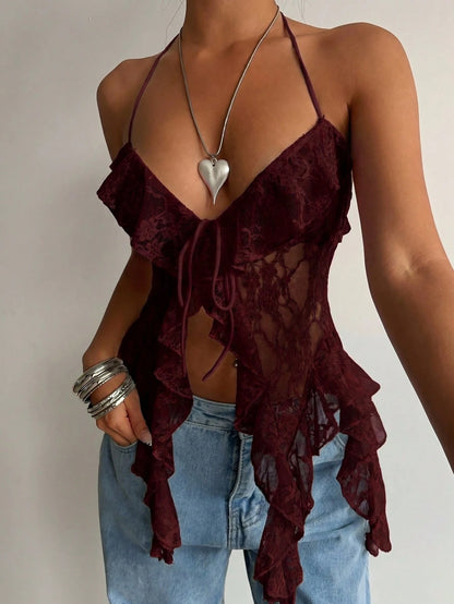 Aloruh Fitted Lace Sheer Long Ribbon Design Asymmetrical Hem Women Tank Top