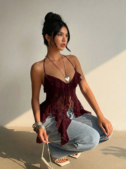 Aloruh Fitted Lace Sheer Long Ribbon Design Asymmetrical Hem Women Tank Top