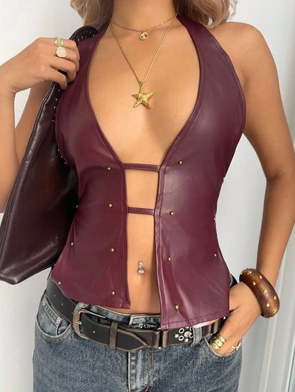 Aloruh Red Wine-Colored Jacket Women's Fashionable Street Style Deep V-Neck Backless Rivet Decorated Top, Summer Fashion Clothing Street Chic Y2K Rave