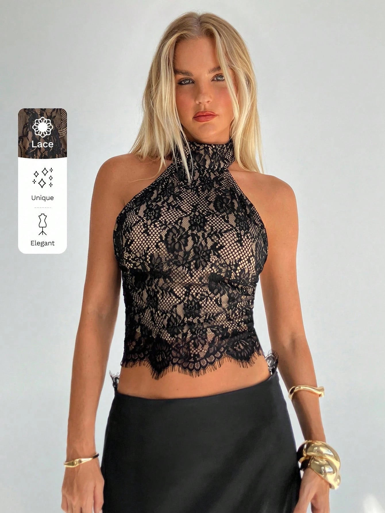 Aloruh Women's Black Lace Halter-Neck Backless Tank Top,Beige Summer Seductive Party Night Resort Collection,Casual Bohemian Style Streetwear Outfits