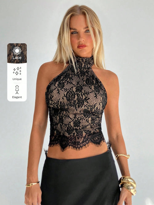 Aloruh Women's Black Lace Halter-Neck Backless Tank Top,Beige Summer Seductive Party Night Resort Collection,Casual Bohemian Style Streetwear Outfits