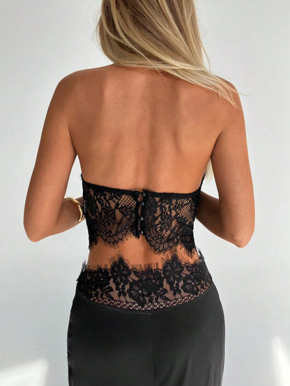 Aloruh Women's Black Lace Halter-Neck Backless Tank Top,Beige Summer Seductive Party Night Resort Collection,Casual Bohemian Style Streetwear Outfits
