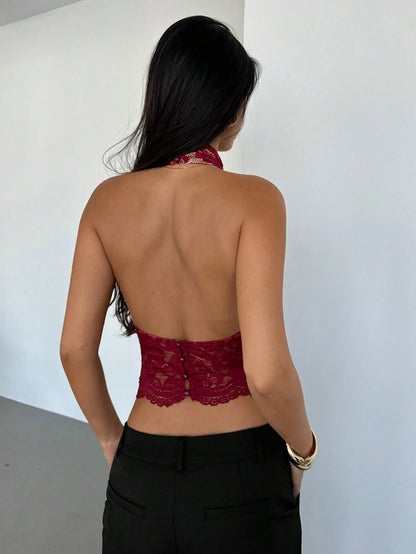 Aloruh Women's Black Lace Halter-Neck Backless Tank Top,Beige Summer Seductive Party Night Resort Collection,Casual Bohemian Style Streetwear Outfits