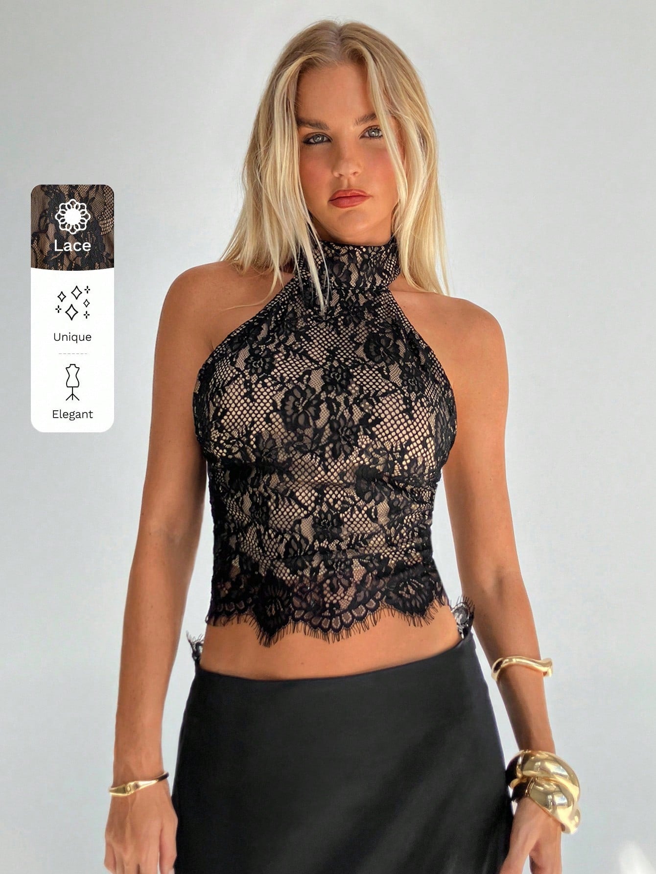 Aloruh Women's Black Lace Halter-Neck Backless Tank Top,Beige Summer Seductive Party Night Resort Collection,Casual Bohemian Style Streetwear Outfits