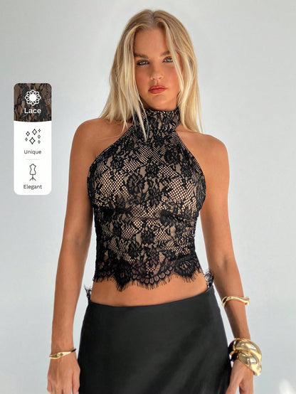 Aloruh Women's Black Lace Halter-Neck Backless Tank Top,Beige Summer Seductive Party Night Resort Collection,Casual Bohemian Style Streetwear Outfits