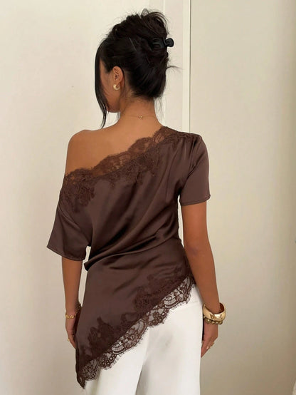 Aloruh Women's Commuter Going Out Shoulder Ruched Lace Patchwork Blouse,Summer Top Brown Elegant Sexy