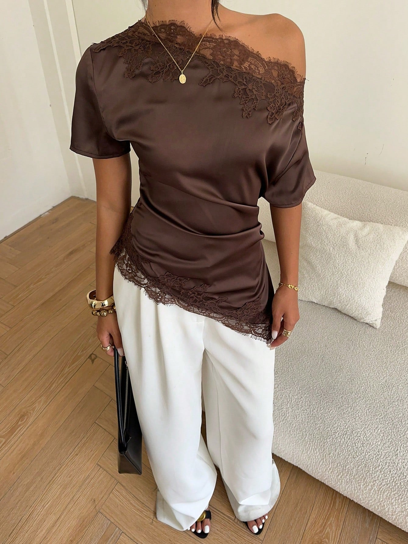 Aloruh Women's Commuter Going Out Shoulder Ruched Lace Patchwork Blouse,Summer Top Brown Elegant Sexy